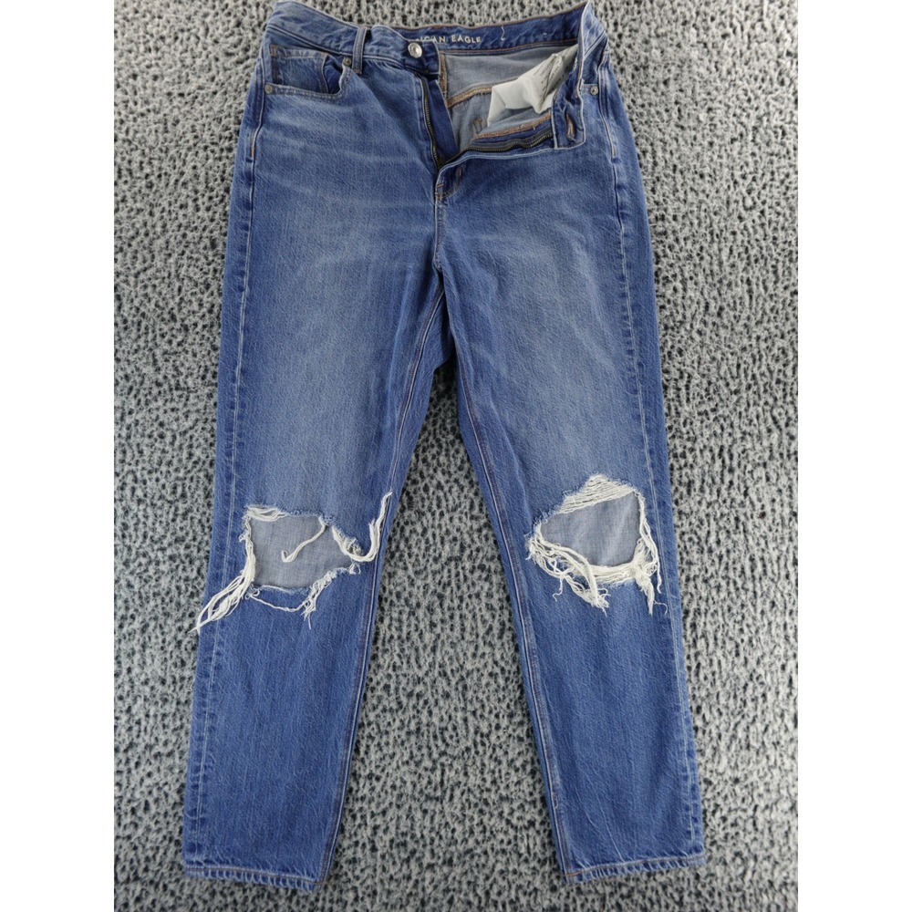 American Eagle Women Highest Rise Mom Jeans Medium Wash Distressed Ripped Sz‎ 8L